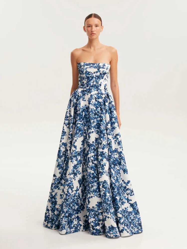 

Print Chest Hugging Dresses Spring Women Sleeveless Slash Neck Big Swing Dress Summer High Waist Off Shoulder Floor Length Dress