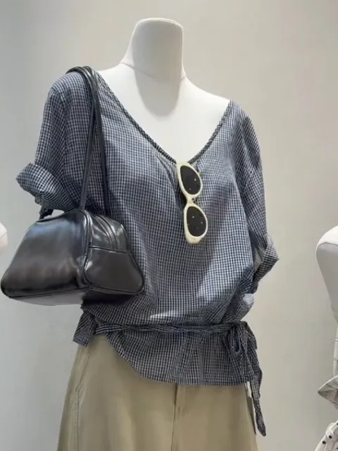 

Korean Design Simple Plaid Short Sleeve Women's Shirt Summer V-neck Belt Waist Slimming Loose Personality Top