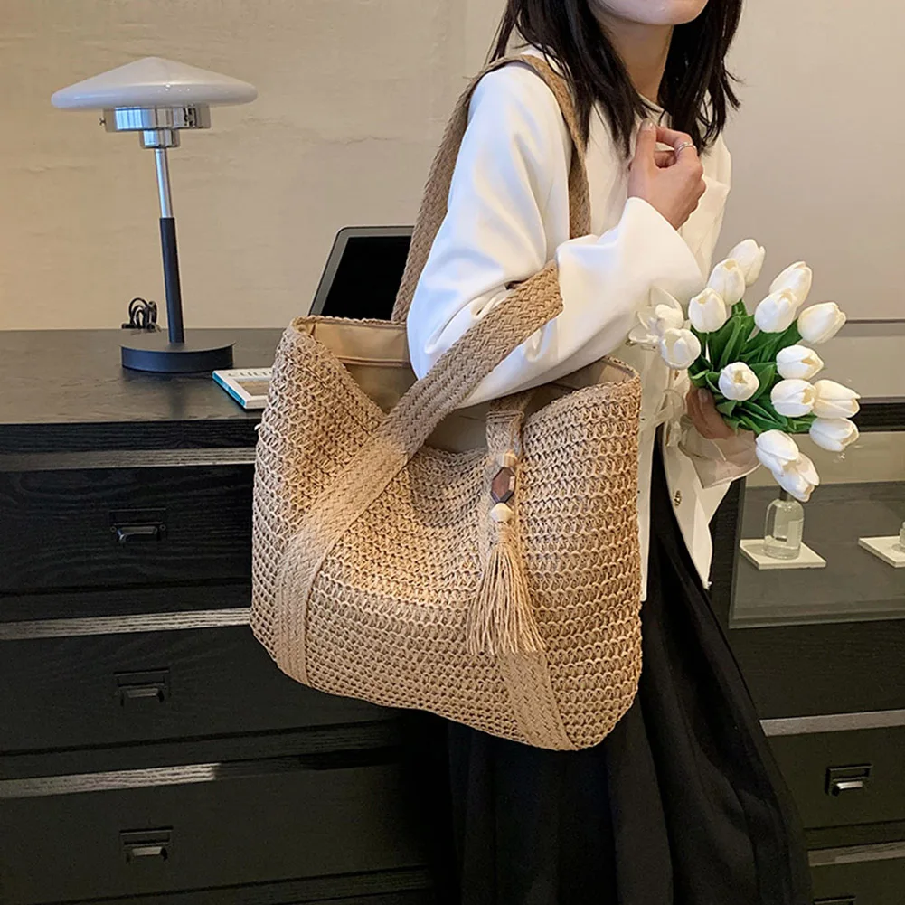 Elegant Ladies Straw Woven Handbag Women Holiday Beach Commute Casual Tote Top-Handle Bags Fashion Retro Shoulder Bags