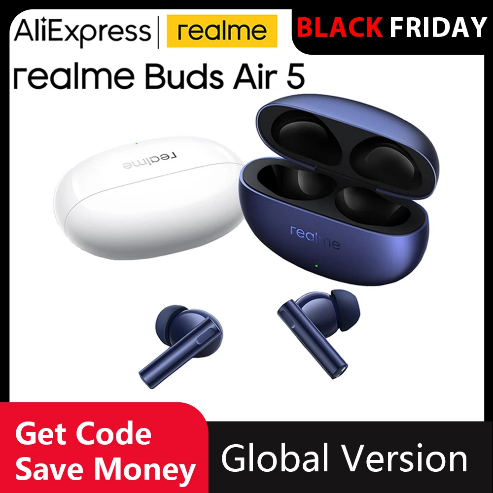 Global Version realme Buds Air 5 TWS Earphone 50dB Active Noise Cancellation Wireless Headphone 38Hour Battery Life Bluetooth5.3