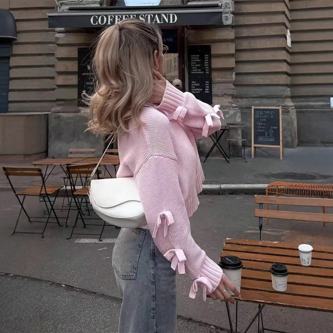 Pull ample court à manches nœud Joker pour femme, mode européenne et américaine, nouvelle collection automne et hiver