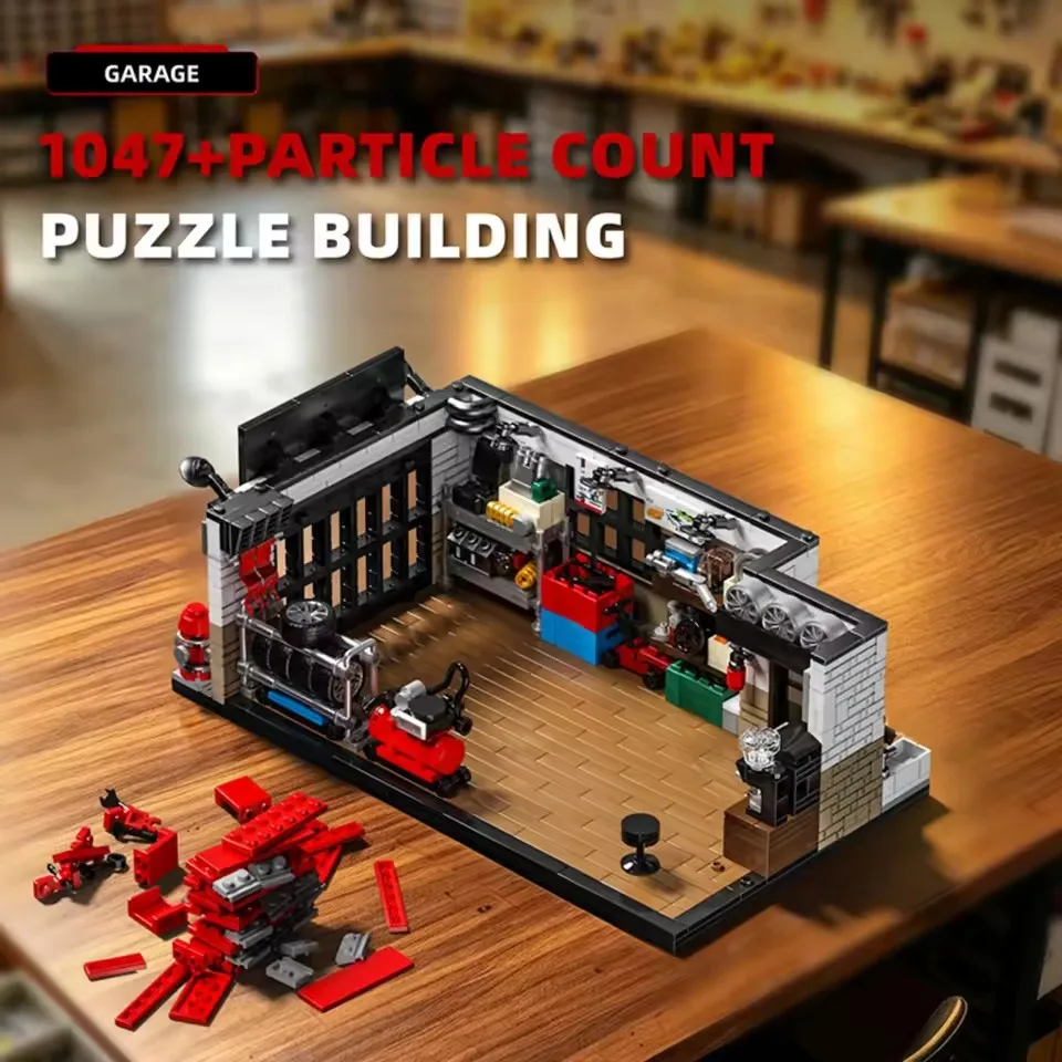 MOC Street View Construction American Garage 1047PCS Racer Car Repair Shop Building Block Model Kit Toys Gifts
