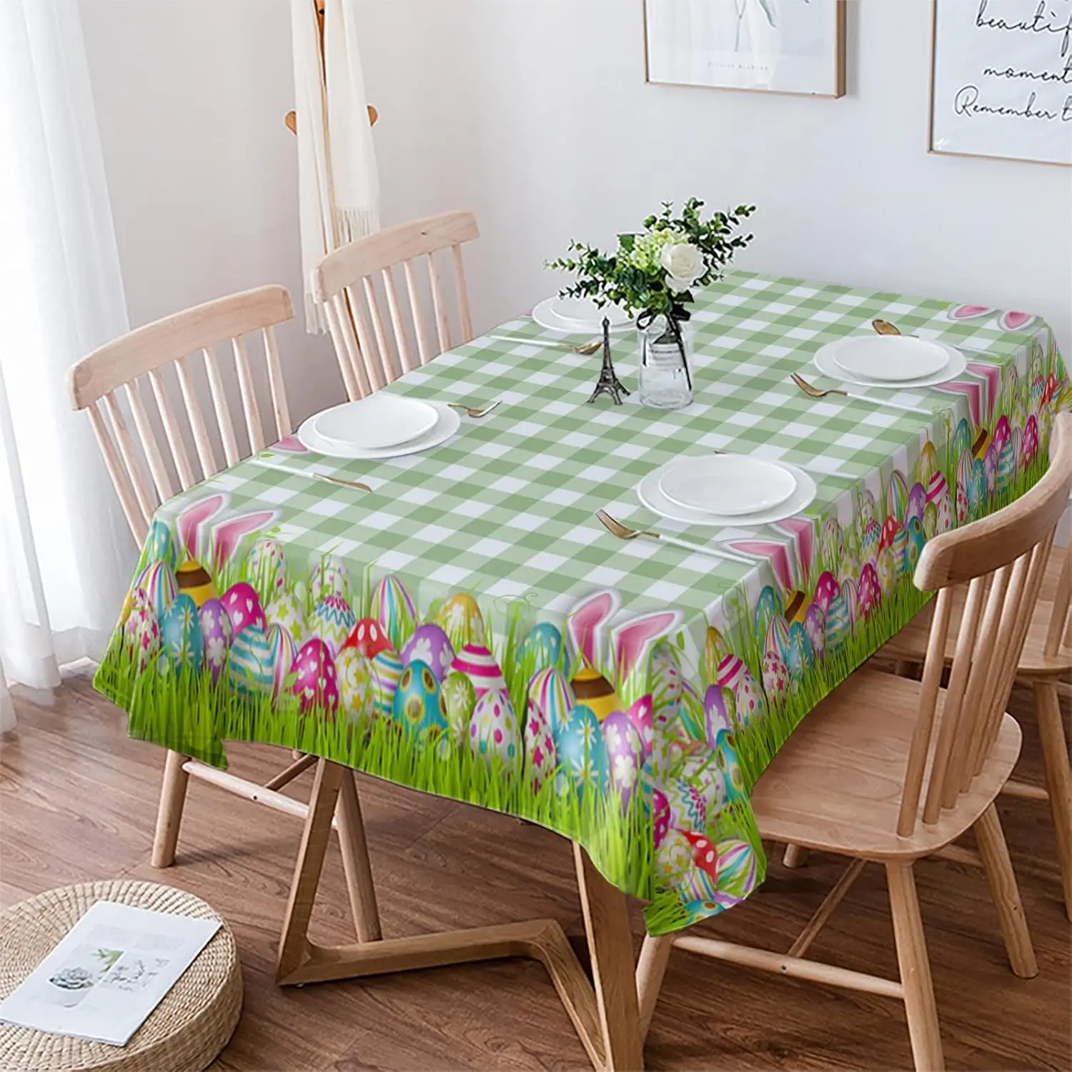 Easter Bunny Eggs Grass Green Plaid Waterproof Tablecloth Party Decor Spring Farmhouse Dining Tablecloth Wedding Decorations