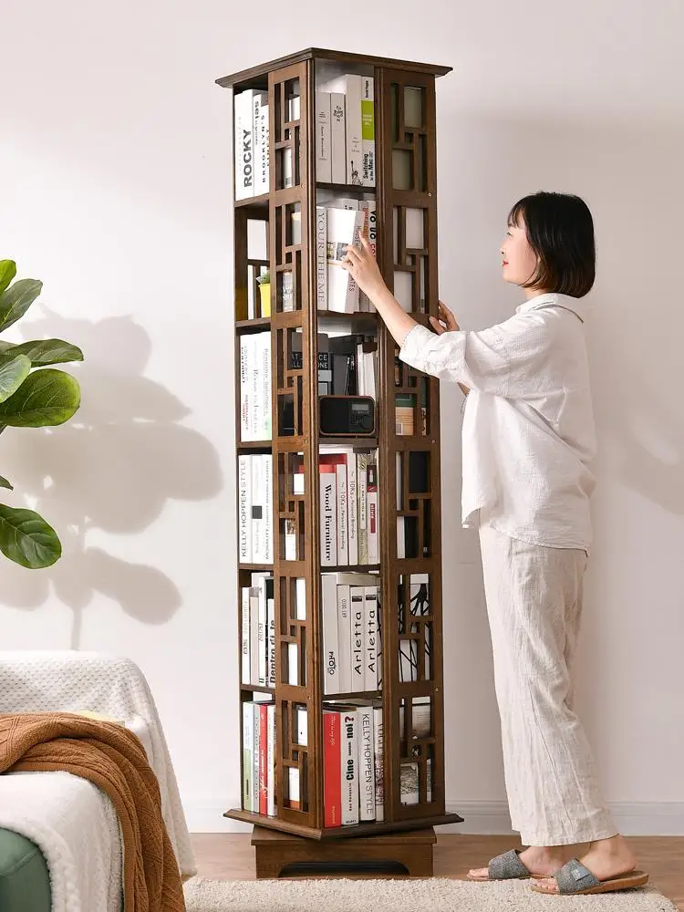 Chinese-style revolving bookshelves, 360-degree bookcases, living room floor-to-ceiling tabletops, solid wood shelves, simple