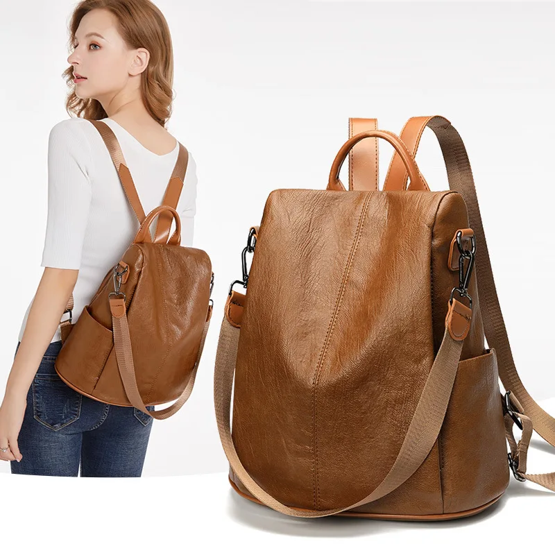 

2024 Women Backpack Casual Fashion Laides Anti-theft Backpack Soft PU Leather Shoulder Bag Student Schoolbag Brown Female Bag