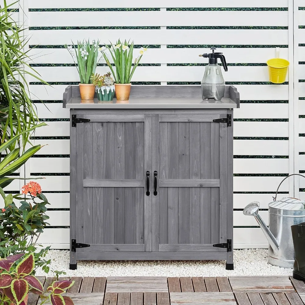 Potting Bench Table - Wooden Storage Cabinet with Removable Shelf & Metal-Plated  Gray16