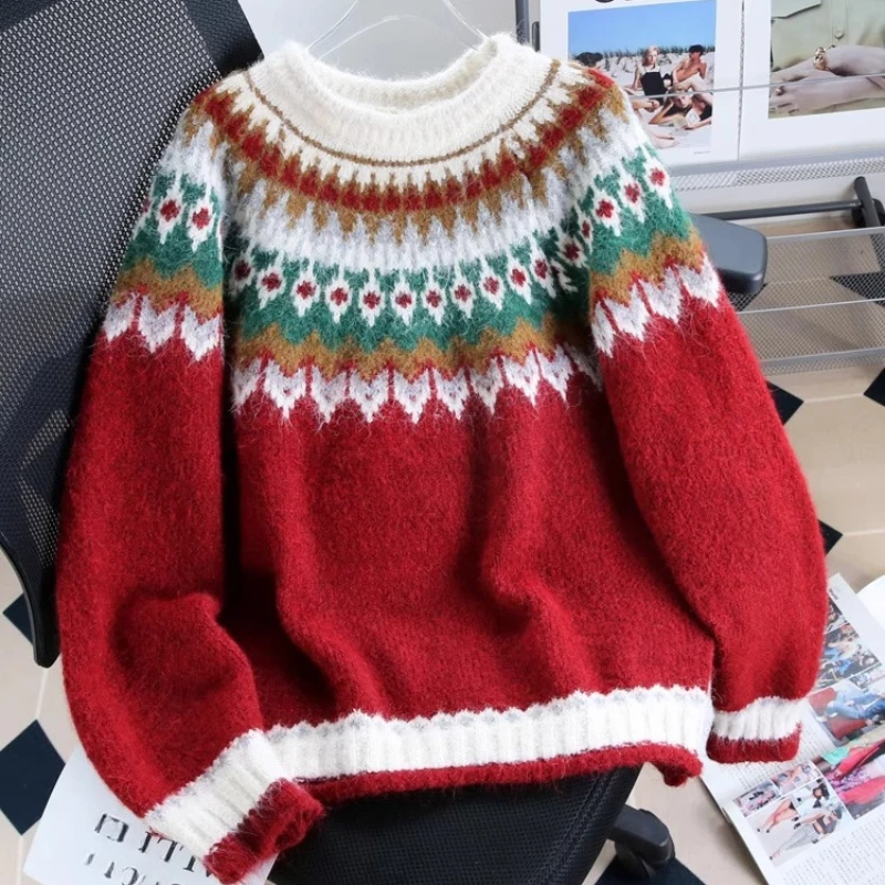 

2025 Autumn Winter New Sweaters O Neck Long Sleeve Contrast Color Pullovers Korean Fashion Vintage Knit Tops Women's Clothing