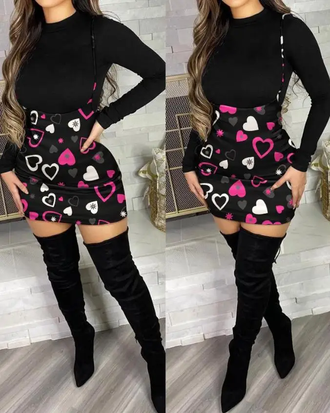 Women's  Sexy suits 2024 Spring Summer Latest Sweet O-neck Long Sleeve Top & Heart Skinny Daily Print Suspender Skirt Set