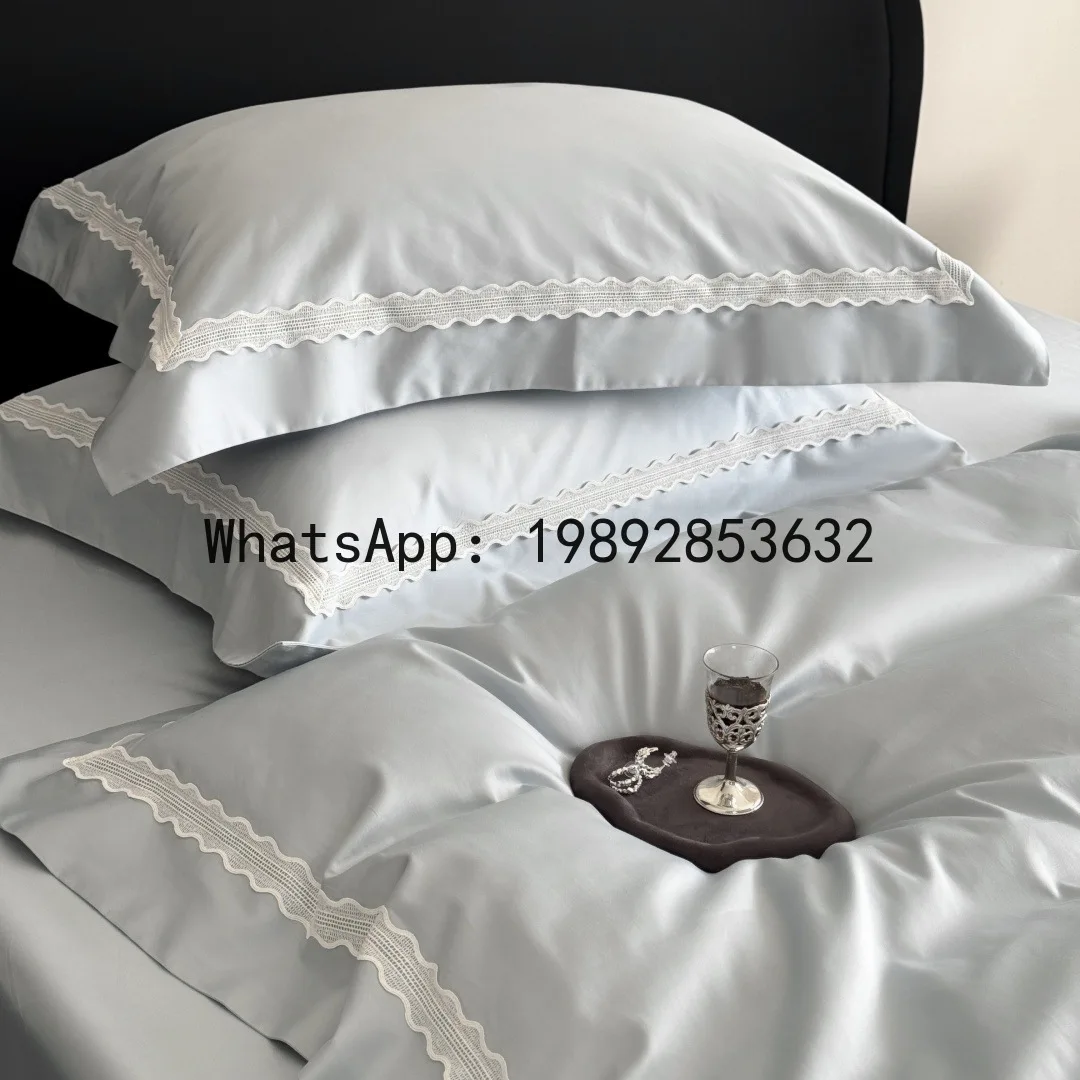 P25 Italian minimalist solid color 120 long-staple cotton four-piece cotton lace edge quilt cover 3