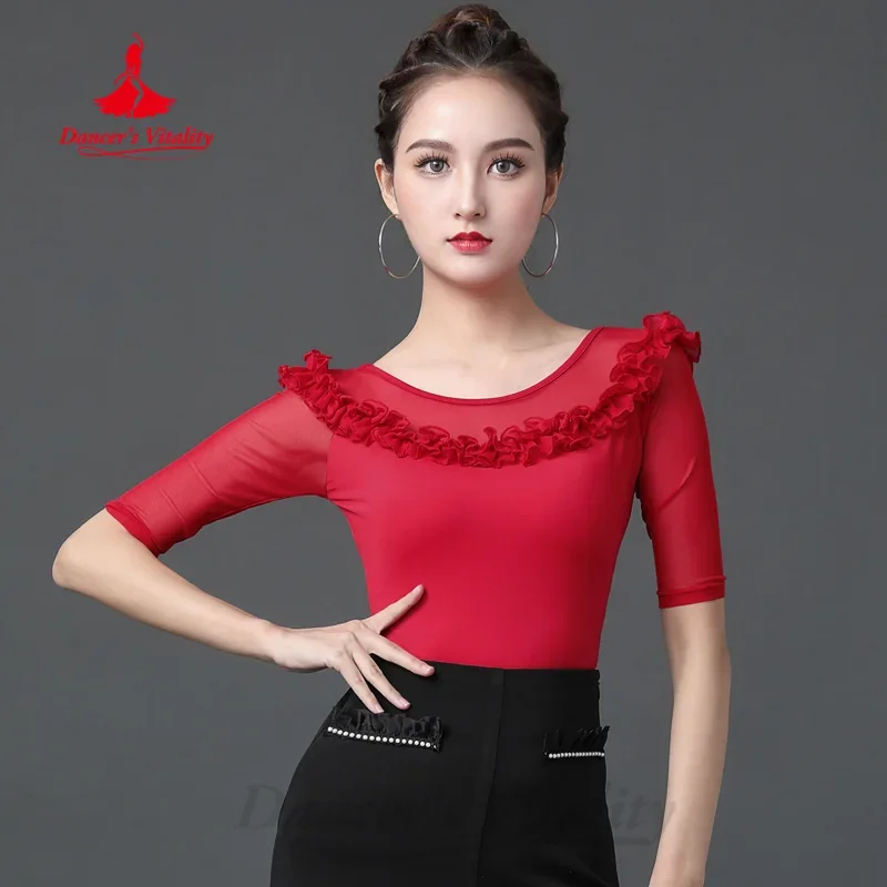 

Modern Dancing Practice Clothes Customized Comfortable and Breathable Half Sleeved Top Women Latin Dance Tango Chacha Clothing