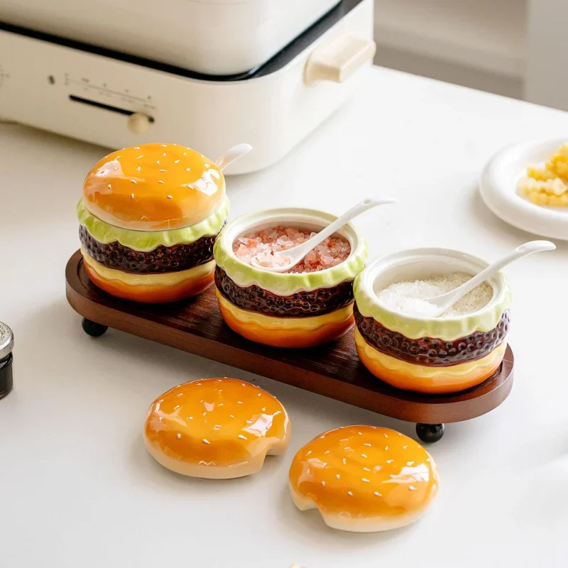 Set of 3 Hamburger Porcelain Salt Pepper And Suga Jar,Ceramic Seasoning Box,Kitchen Gadgets,Condiment Bottles,Storage Organizer