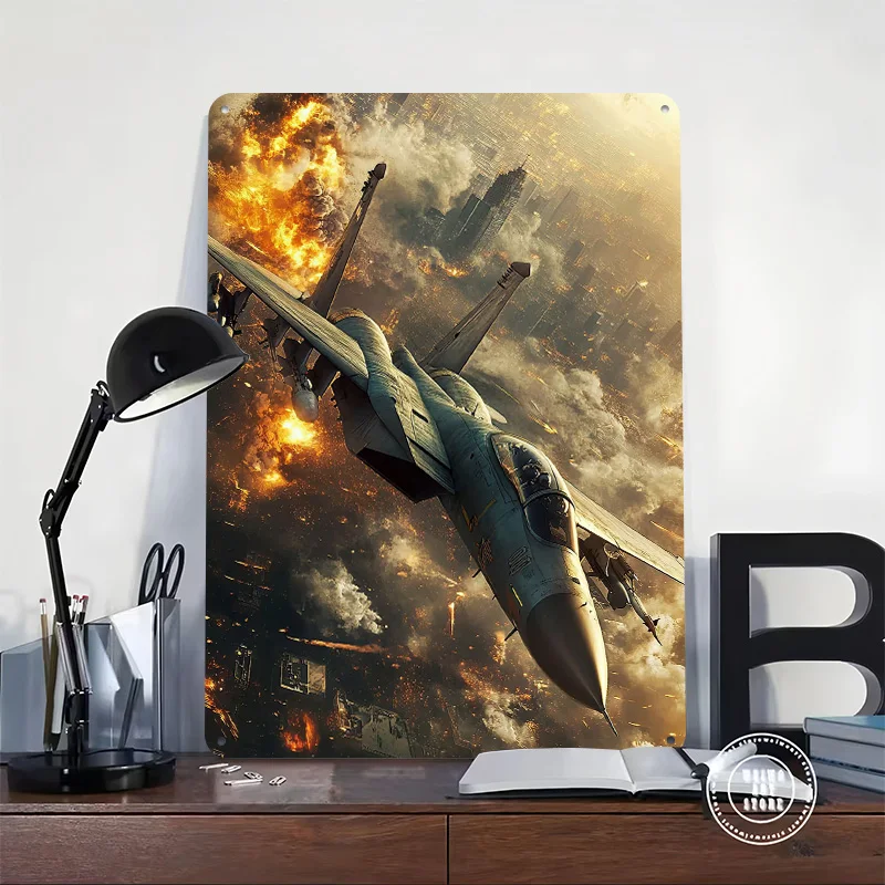 Fighter Jet Over City 3D Texture Printed Poster Custom Vintage Metal Tin Plate Sign for Wall Art Living Room Interior Decoration