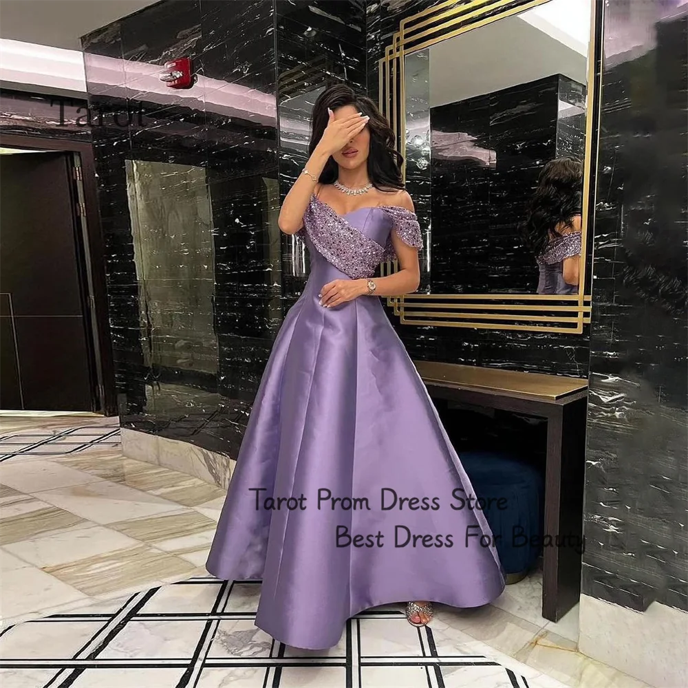 

Tarot Off Shoulder Prom Dresses Satin A Line Sequins Tulle Sleeveless Elegant Birthday Wedding Dress Ankle Length فساتين سهرات