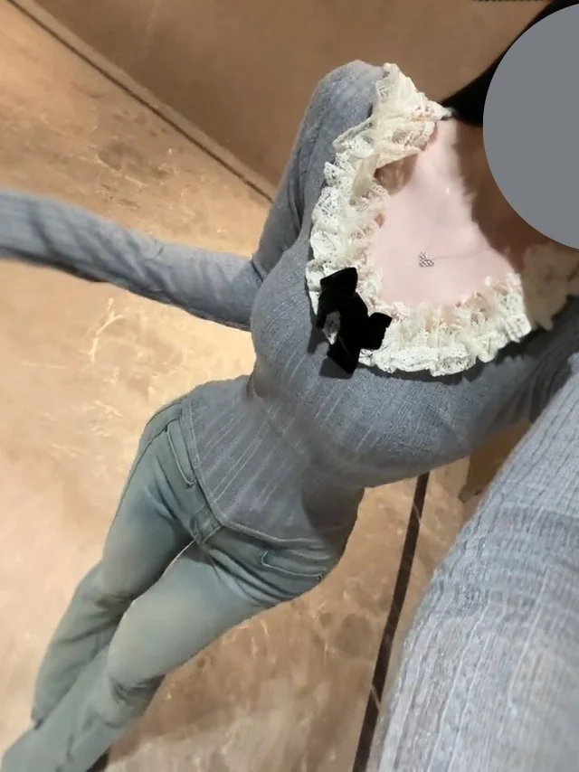 

Корейский вязаный свитер с кружевными вставками, мягкий, из средней плотности хлопка, с длинными рукавами, круглым вырезом, повседневный, модный, весна 2026, топ