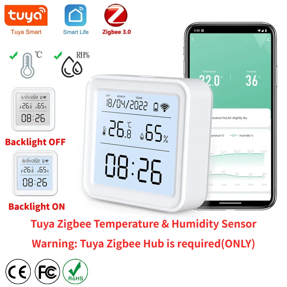 Tuya Zigbee Temperature Humidity Sensor Hygrometer Thermometer Backlight Required Tuya Zigbee Hub Workwith SmartLife