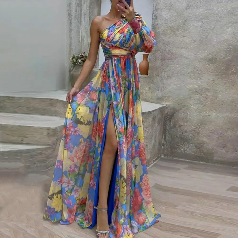 

A-line Evening Gown Elegant One Shoulder Floral Print Maxi Dress with Side Split Hem Pleated Detail for Parties Banquets Special