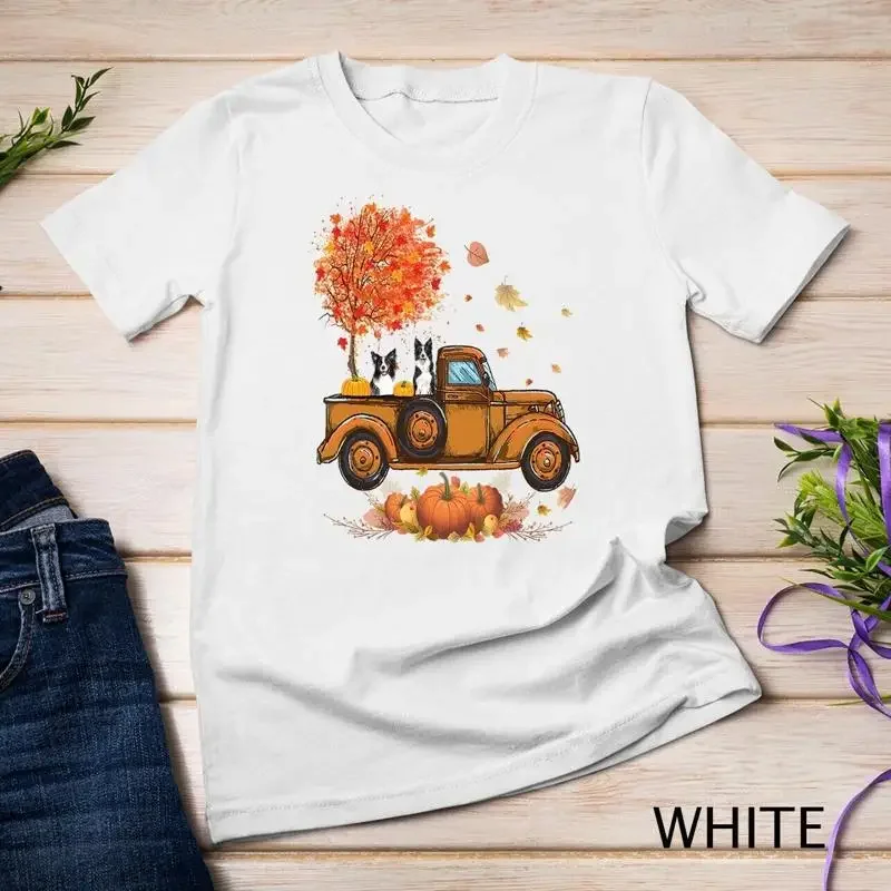 Border Collie Pumpkins Truck Autumn Leaf Fall thanksgiving Unisex T shirt