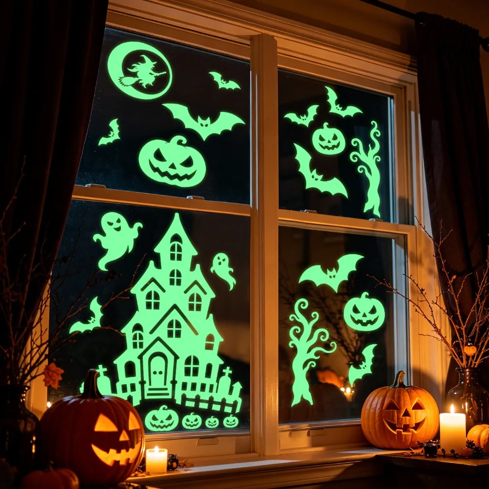 2 Sheet Fluorescent Halloween Luminous Wall Sticker Ghost Pumpkin Eye Pattern PVC Window Sticker Green Light