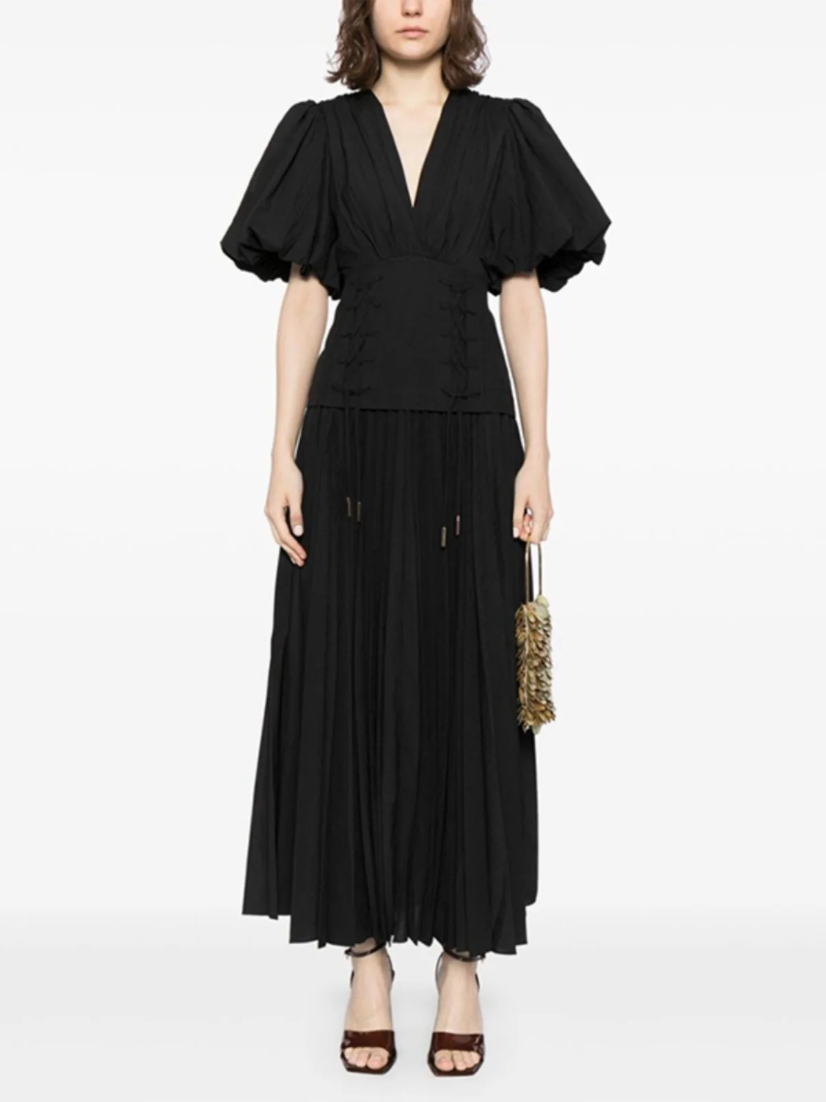 

VGH Hepburn Sle Bubble Sve Design V-Ne Waist Cinched Maxi Dr Tassel Trim Long Skirt French Sle A-Line Dr