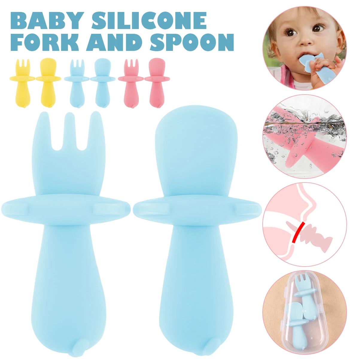 

Набор посуды для малышей, силиконовая посуда для самокормления, не содержит Бисфенол А, вилка и ложка для детей от 6 месяцев