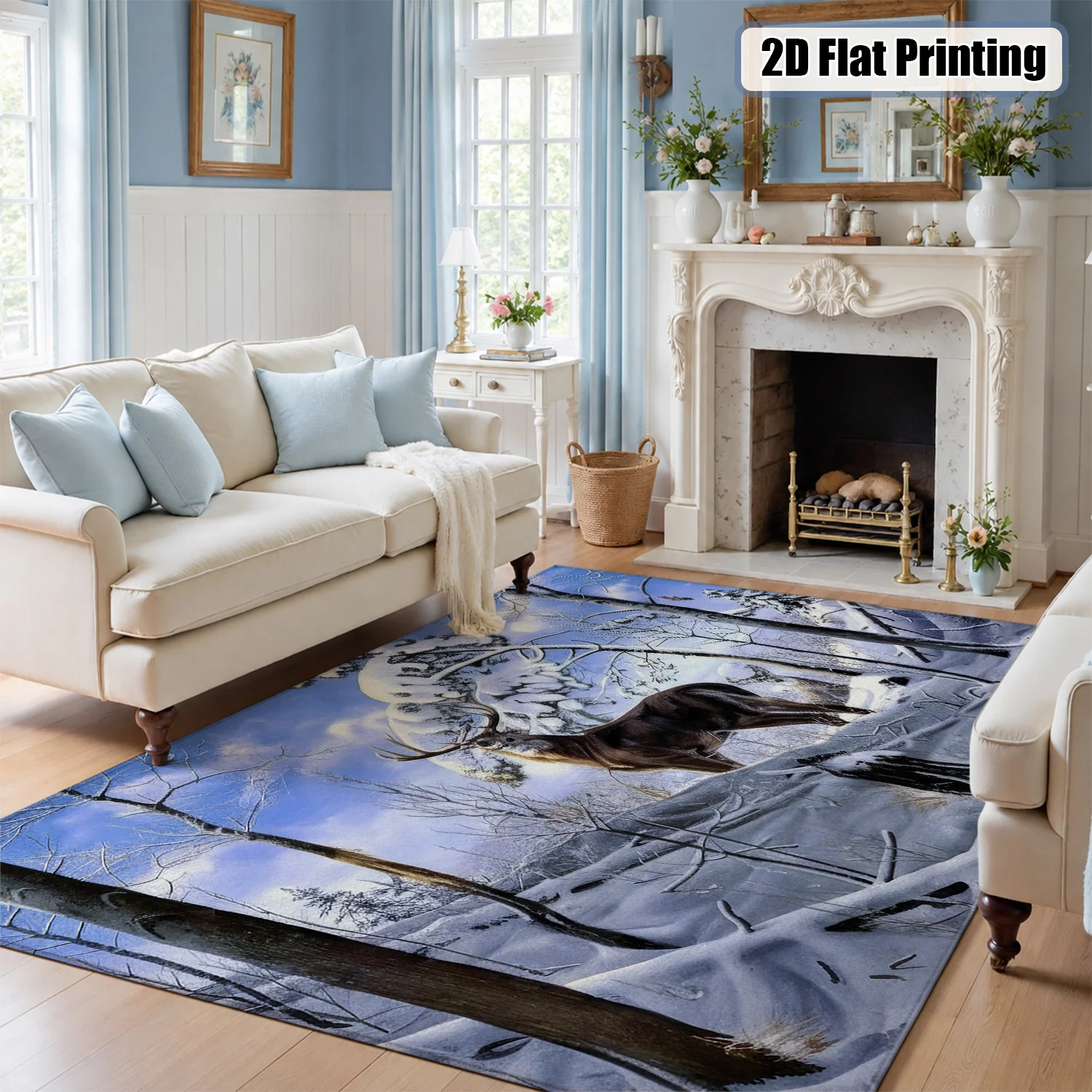 Large Indoor Area Rug, Soft Velvet Low Pile with Non-Slip Dotted Backing, Machine Washable, Winter Snow Forest Deer Wildlife Pattern, Ideal for Living Room Bedroom Home Decor - view 3