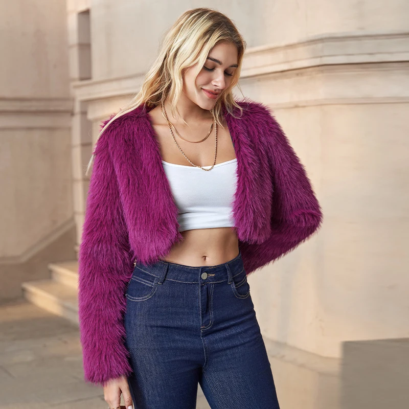 

Autumn Winter Women's Fur Coat New Solid Color Long Sleeves Open Stitch Short Style Fashionable Plush Thickened Warm Fur Jackets