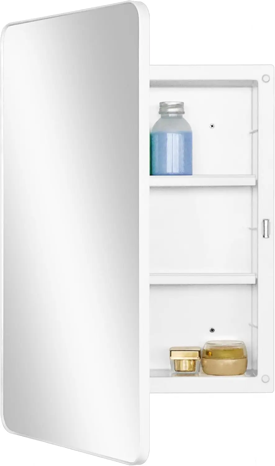 

Recessed Surface Mount Medicine Cabinet White Plastic Round Corner Metal Frame Mirror Door