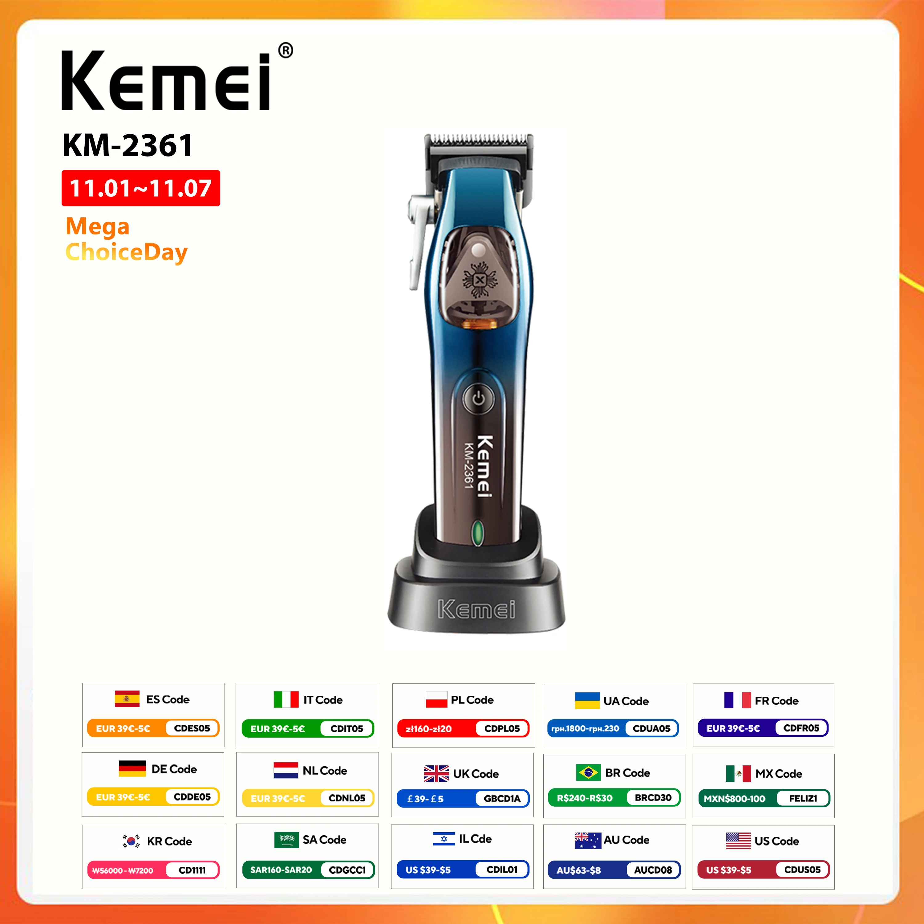 KEMEI km-2361 DLC 충전식 헤어 트리머, 헤어 커팅 기계 클리퍼, 10000rpm 