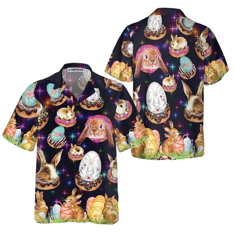 

3D Print Bunny And Easter Egg Hawaiian Shirt Short Sleeve Button Up Easter Holiday Beach Shirts Clothes Men's Aloha Shirt Top