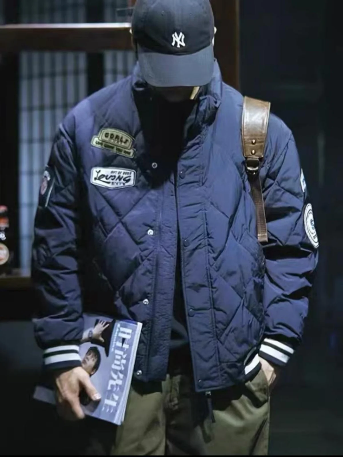 

American Retro Thiened Baseball Jaet Men's Faion Brand Autumn Winter Stand Collar Loose Large Size Warm Diamond Cotton ...