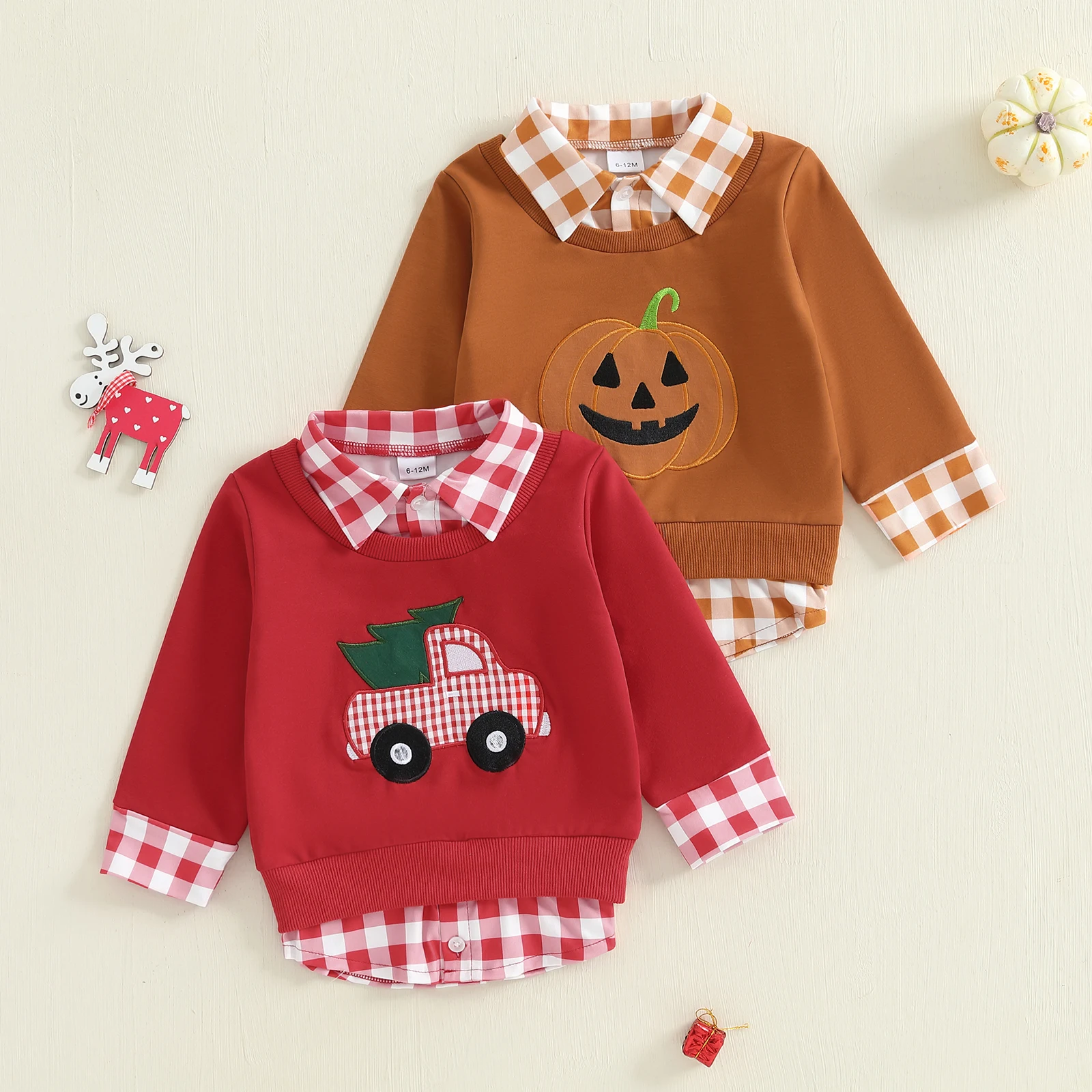 

Lioraitiin Toddler Baby Boy Sweatshirt Casual Pumpkin/Truck Embroidery Plaid Patchwork Fall Long Sleeve Tops Cute Clothes