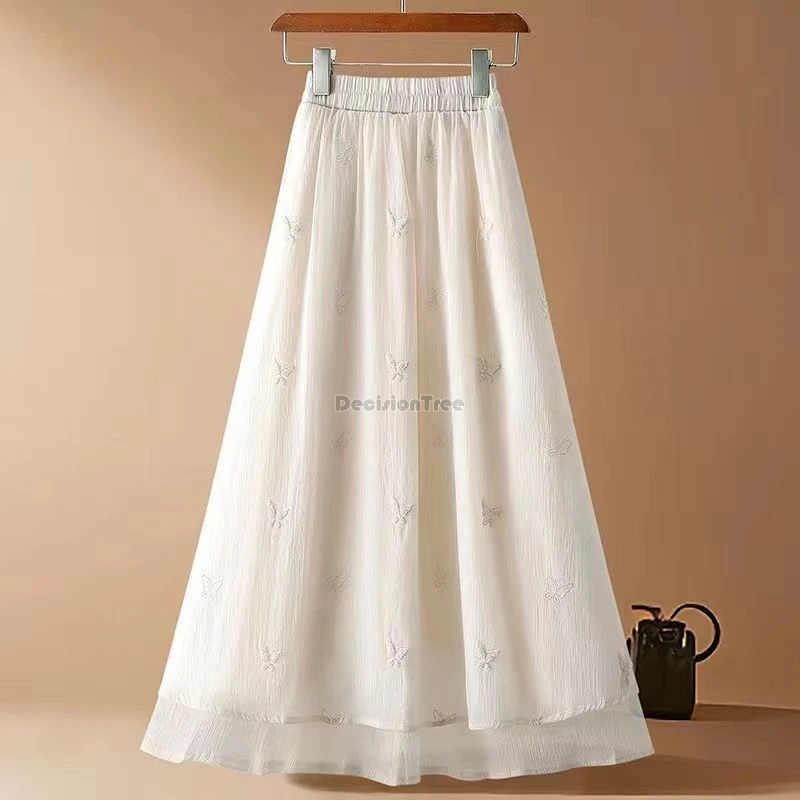 2024 chinese national half skirt women summer autumn new apricot elastic high waist medium long a-line loose gauze skirt w922