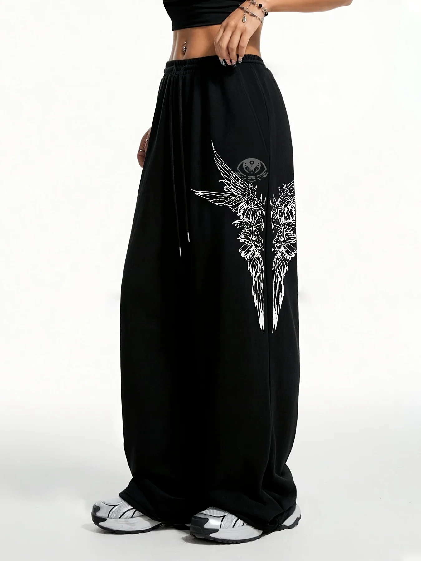 

Unique Wing-shaped Printed Casual Sportswear Pants with Elastic Drawstring and Straight Waist, Comfortable Sporty Style Pants