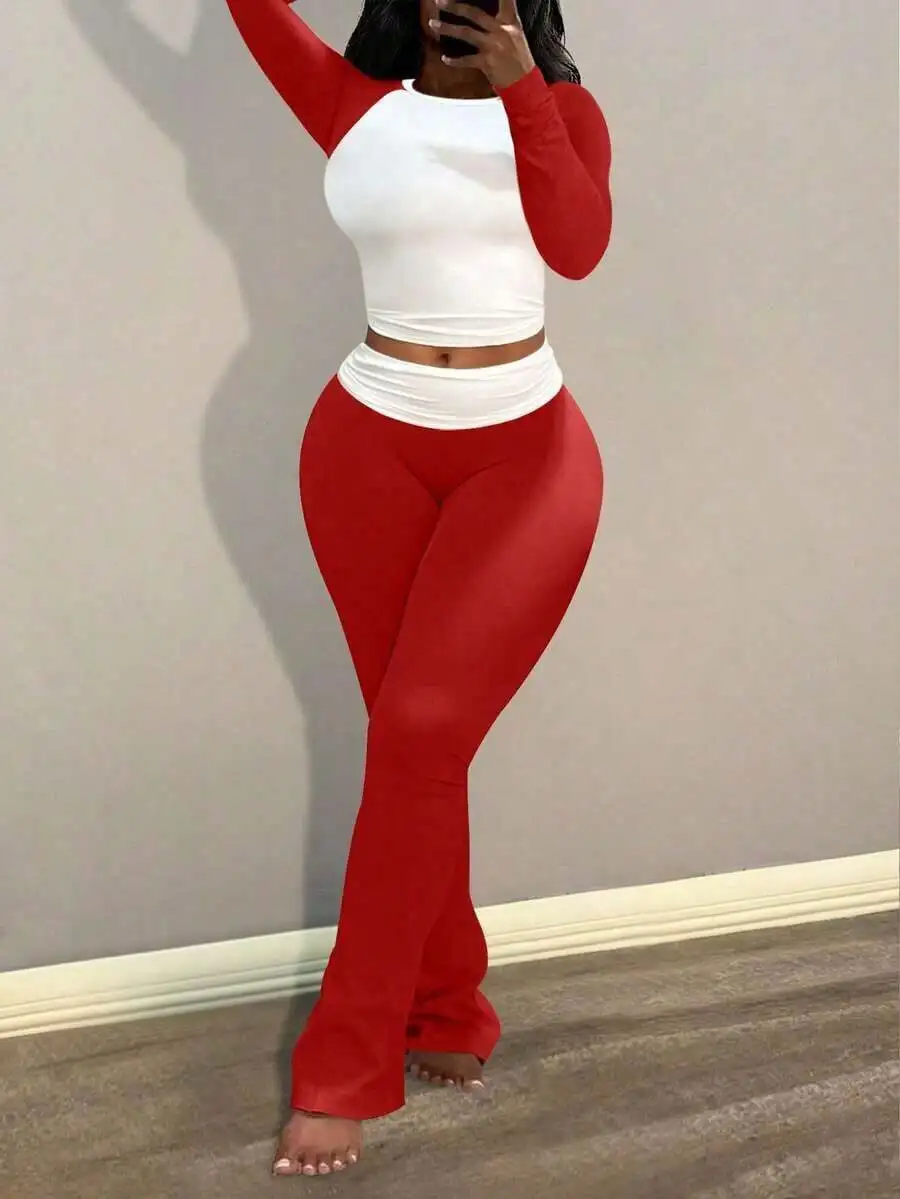 

Women Casual Round Neck Long Sleeve Color Block Crop Top And Flared Pants Set