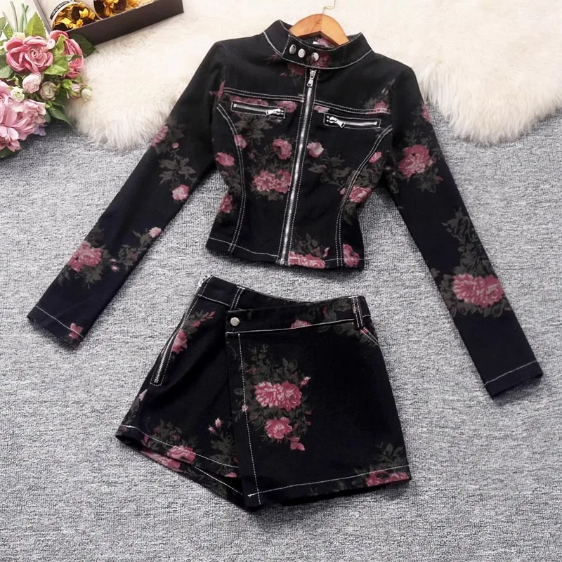 American Fashion Printed 2-Piece Set Fall/Winter New Black Collar Zipper Denim Jacket Asymmetrical Bust Skirt Cowboy Suit Women