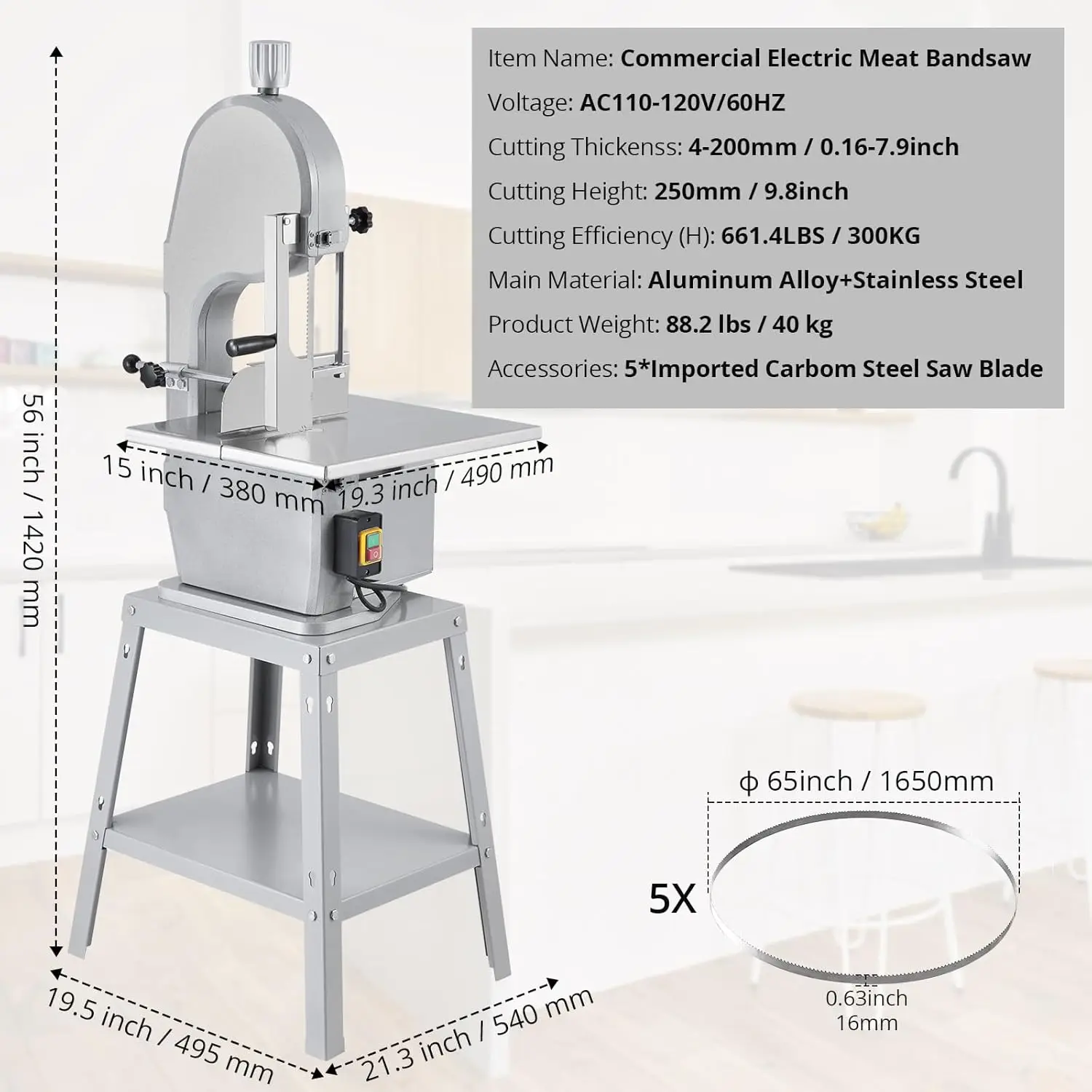 Electric Bone Saw Machine, 1500W Stainless Vertical Cutter, 19.3