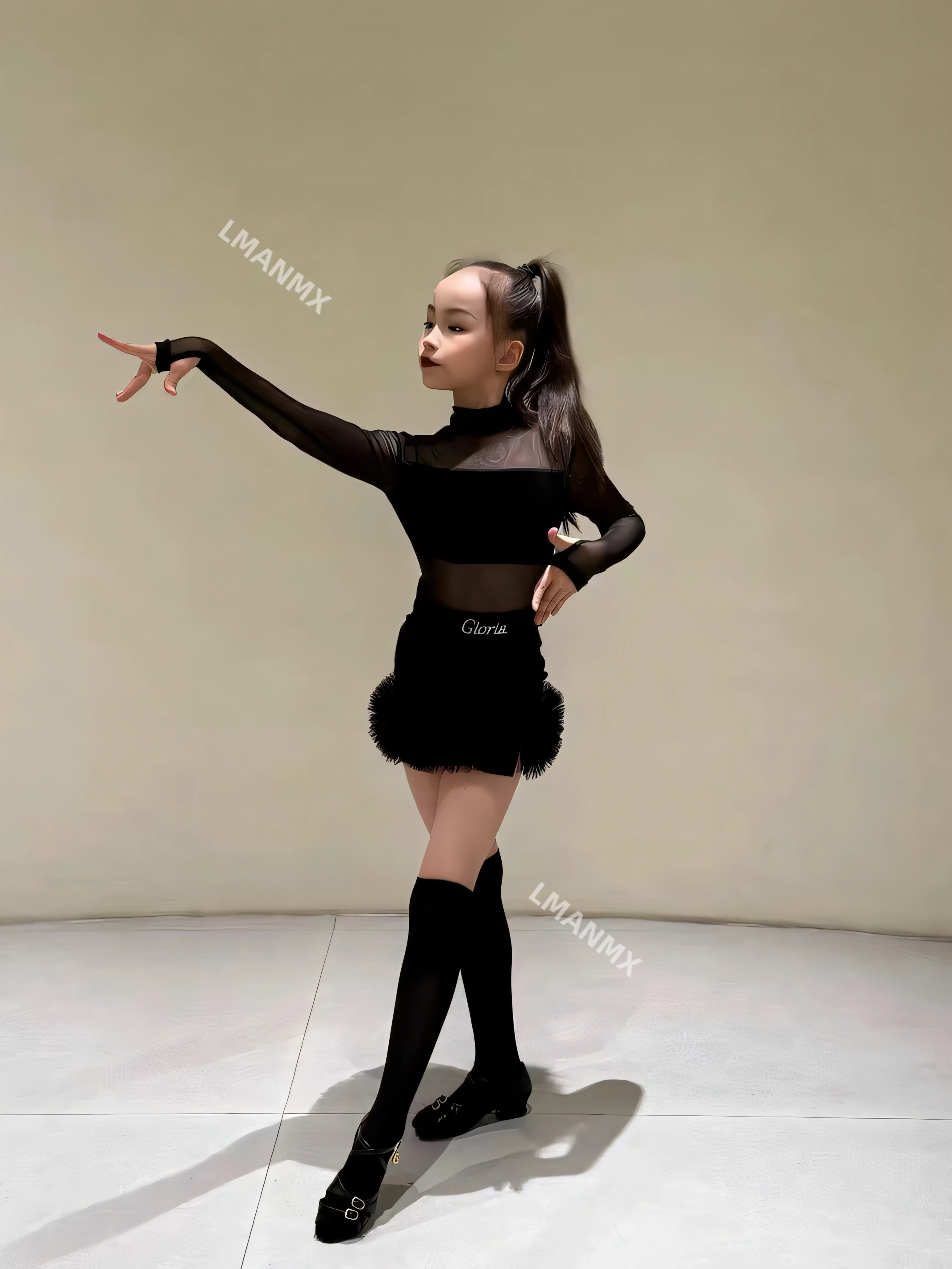 Strój do tańca latynoamerykańskiego dla dziewcząt i dzieci, nowy top z siateczkowymi rękawami, dopasowana spódnica do połowy uda, strój do ćwiczeń i występów.