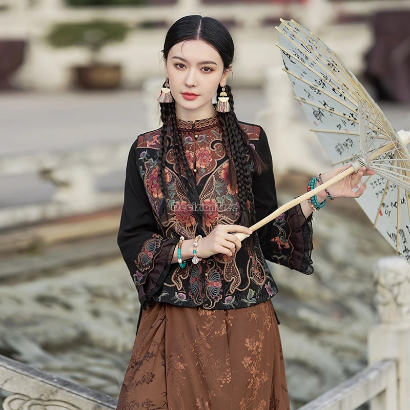 

2024 national style new chinese retro embroidery stand collar sleeveless vest casual fashion women daily elegant blouse top t001