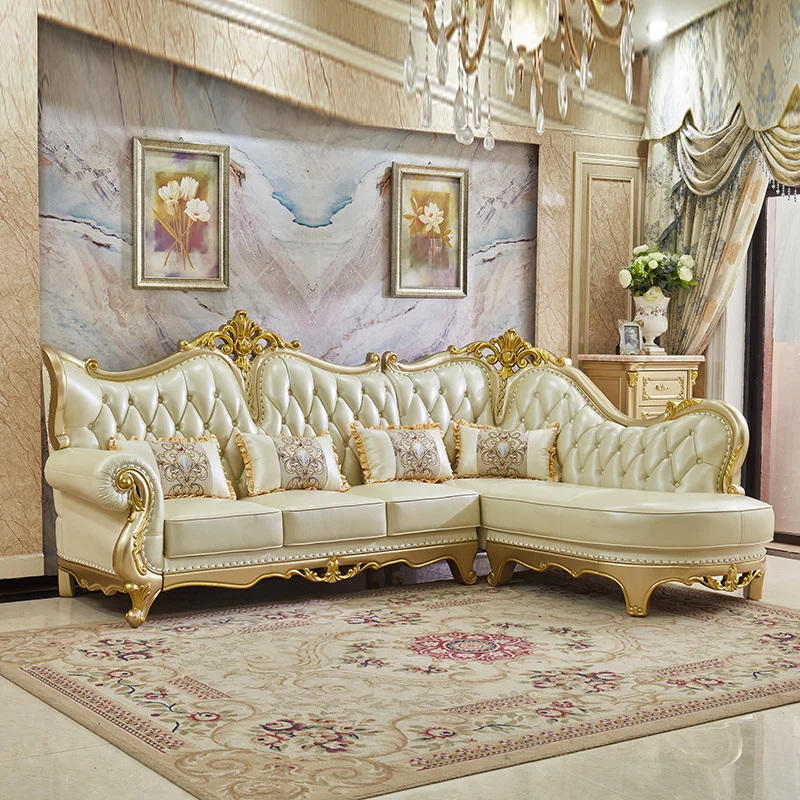 

Luxury European solid wood gold wedding royal sofa pure leather double combination living room corner