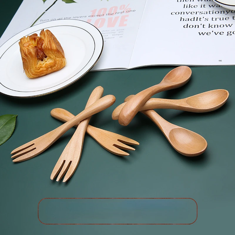 Cute Children's Solid Wood Spoon, Personalized Small Fork, Household Short Handle, Milk Powder Wooden Spoon, Jam, Honey Spoon