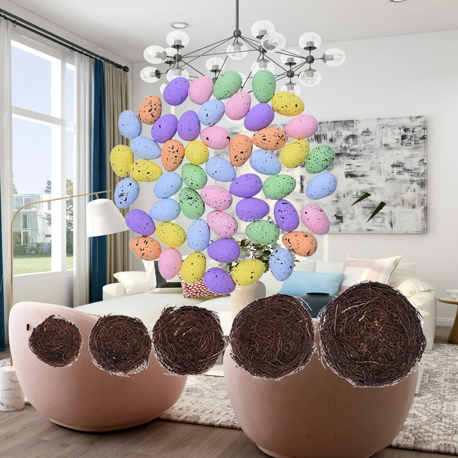 Easter Birds Nest Rattan Weaving with Colored Eggs for Shelf Decor Party Supplies Modern Desk Statue Garden Ornament Gift