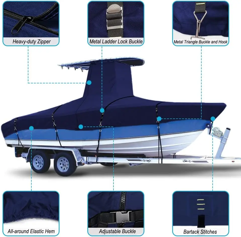 900D  Grade Fade and Tear Resistant  T-Top Boat Cover，Heavy-Duty Waterproof and UV-Proof  Boat Storage Cove