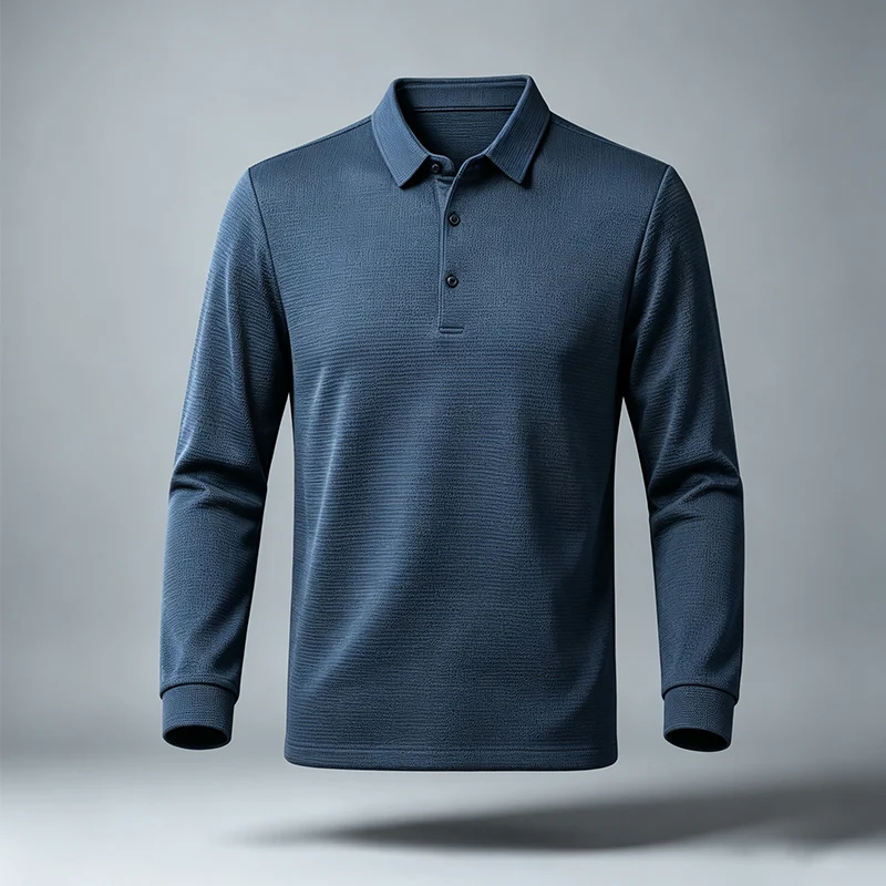 Herren Strukturiertes Waffel-Langarm-Poloshirt, Reguläre Passform, Weich, Knitterresistent, Business-Casual Alltags-Pullover-Oberteil – Detail 7