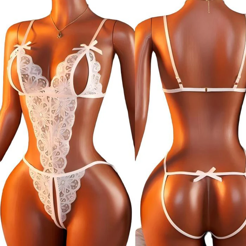 

Sexy Female Lingerie Mesh Lace Floral Print Teddy Crotchless Bodysuits For Plus Size Women Erotic Open Bra Underwear Set