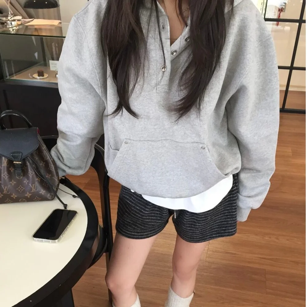 Moletom chique com capuz feminino Faion início da primavera design f botão Ne cor pura casual Fce Long Sve Top