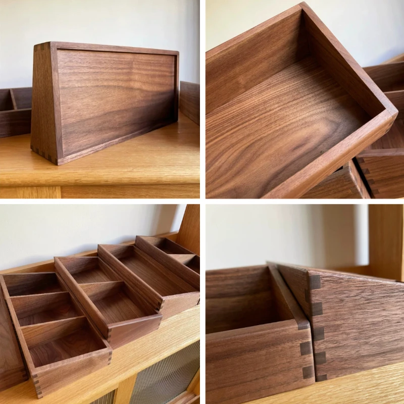 Sloped Divider Storage Box Black Walnut Sundries Organizer Mortise Tenon Joint Desktop Clutter Tray Handcrafted Storage Case