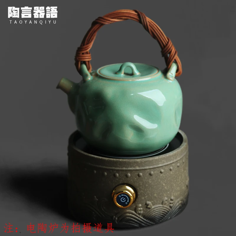 Fruit green soda glaze handle hammered teapot with crackle design for ceramic stoves, charcoal and ceramic electric kettles