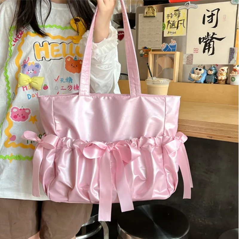 Mbti bolsa de ombro feminina de balé fofa de nylon elegante laço plissado lolita fashion ita bolsa grande capacidade transparente nova em bolsa