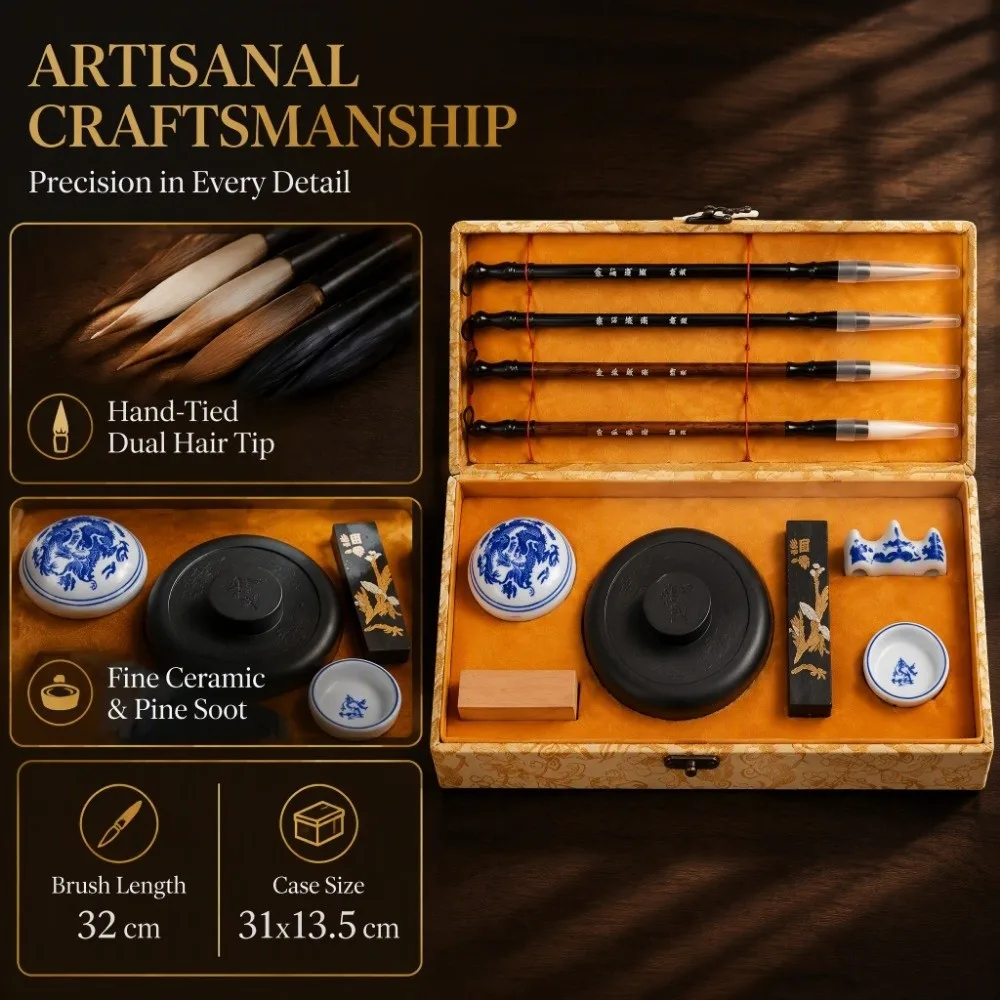 11 pcs Brush Pen Chinese Calligraphy Set Ink Stick Complete Set Traditional Brush Pen Set Traditional Design Inkstone