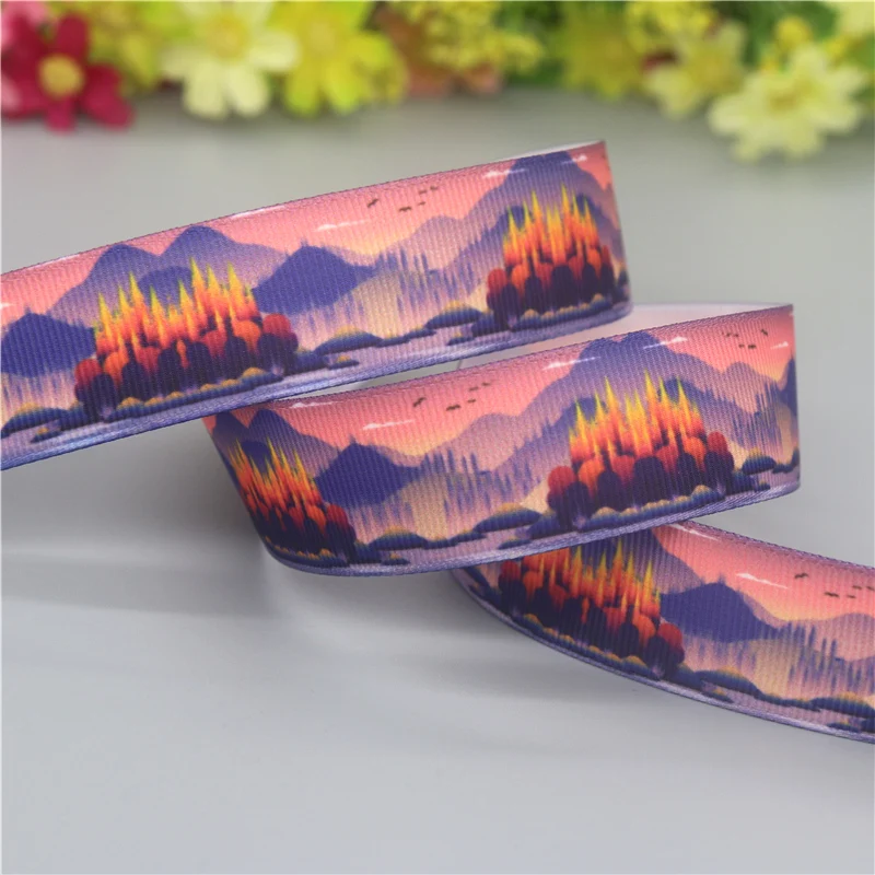 DUWES 50yards Forest Mountain Alaska Printed Grosgrain Ribbon Accessories Material Headwear Decoration DIY Sewing Craft D2138